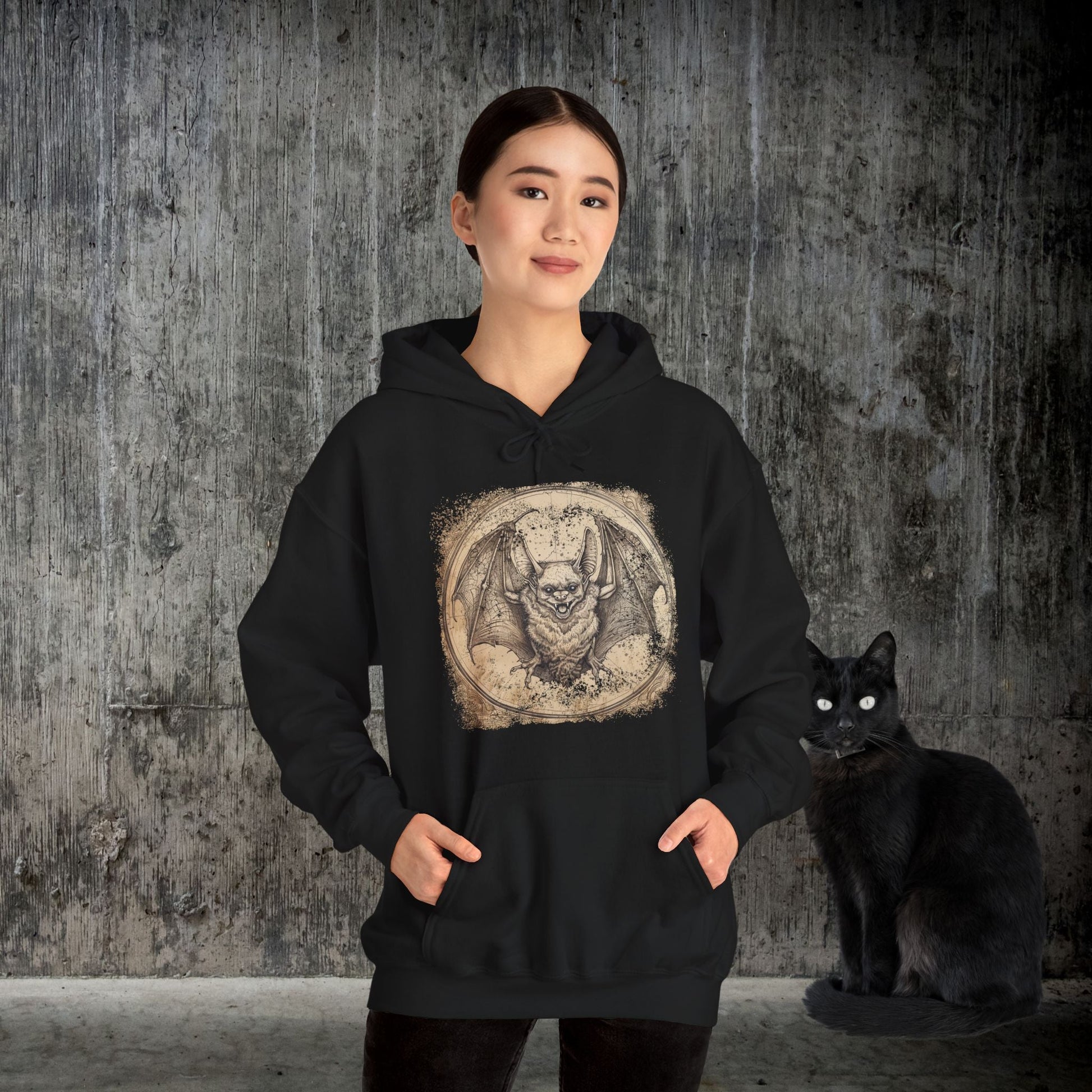 Retro Bat Drawing Hoodie – Vintage Gothic Sweatshirt for Halloween or Everyday - FlooredByArt
