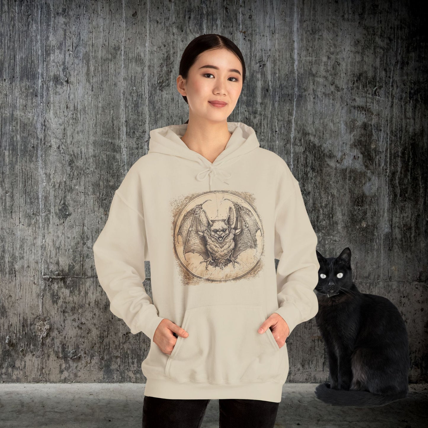 Retro Bat Drawing Hoodie – Vintage Gothic Sweatshirt for Halloween or Everyday - FlooredByArt