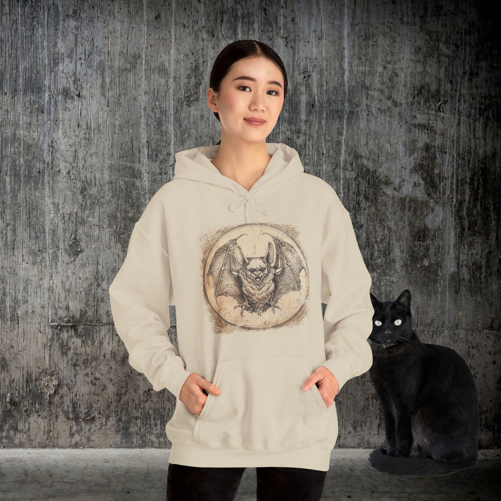 Retro Bat Drawing Hoodie – Vintage Gothic Sweatshirt for Halloween or Everyday - FlooredByArt