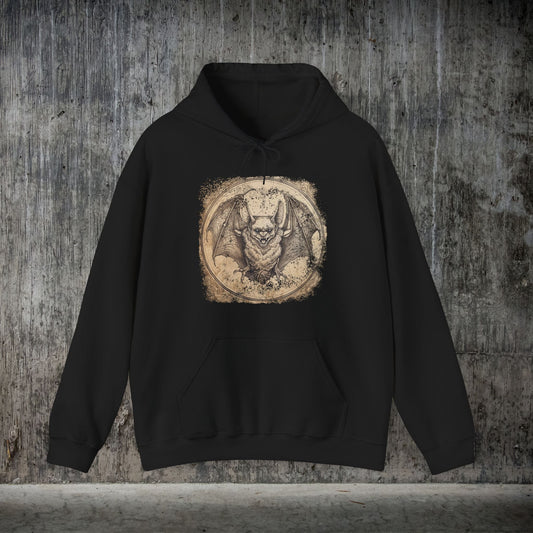 Retro Bat Drawing Hoodie – Vintage Gothic Sweatshirt for Halloween or Everyday - FlooredByArt