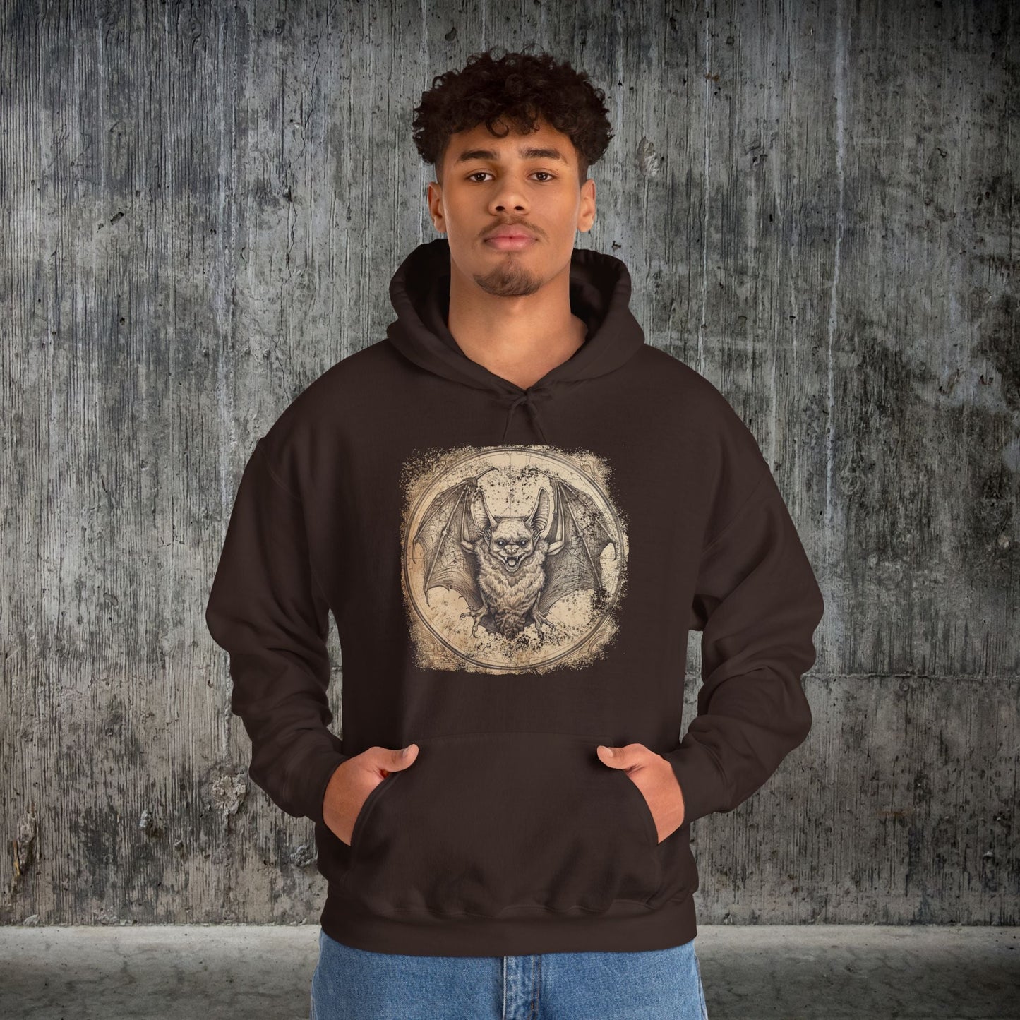 Retro Bat Drawing Hoodie – Vintage Gothic Sweatshirt for Halloween or Everyday - FlooredByArt