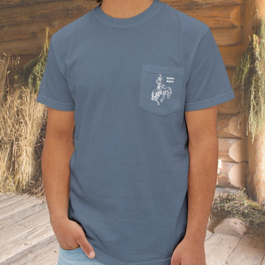 Rodeo Bronc Horse Art Pocket T-shirt, Drawing of Bucking Horse - FlooredByArt