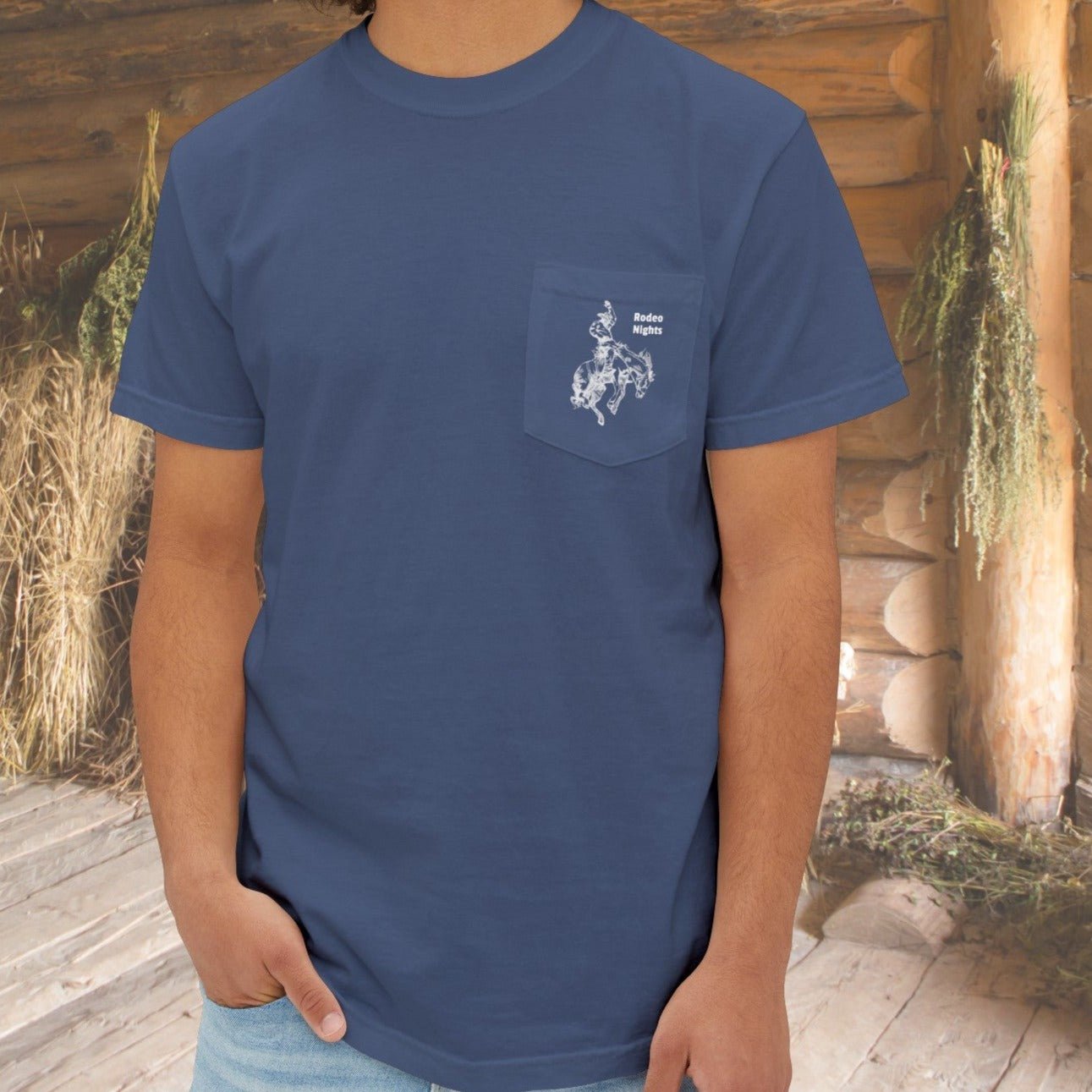 Rodeo Bronc Horse Art Pocket T-shirt, Drawing of Bucking Horse - FlooredByArt