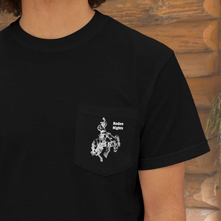 Rodeo Bronc Horse Art Pocket T-shirt, Line Drawing of Bucking Horse, Comfort Colors Tee - FlooredByArt