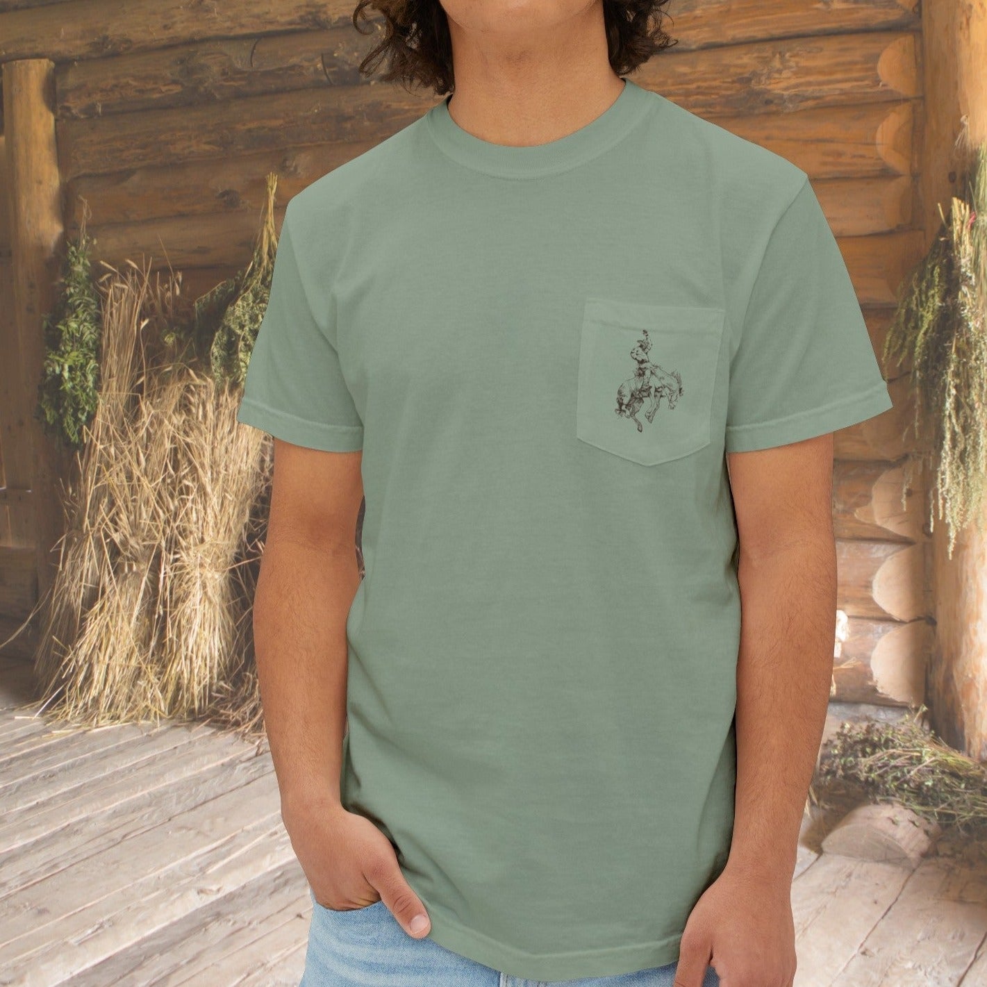 Rodeo Bronc Horse Art Pocket T-shirt, Line Drawing of Bucking Horse, Comfort Colors Tee - FlooredByArt