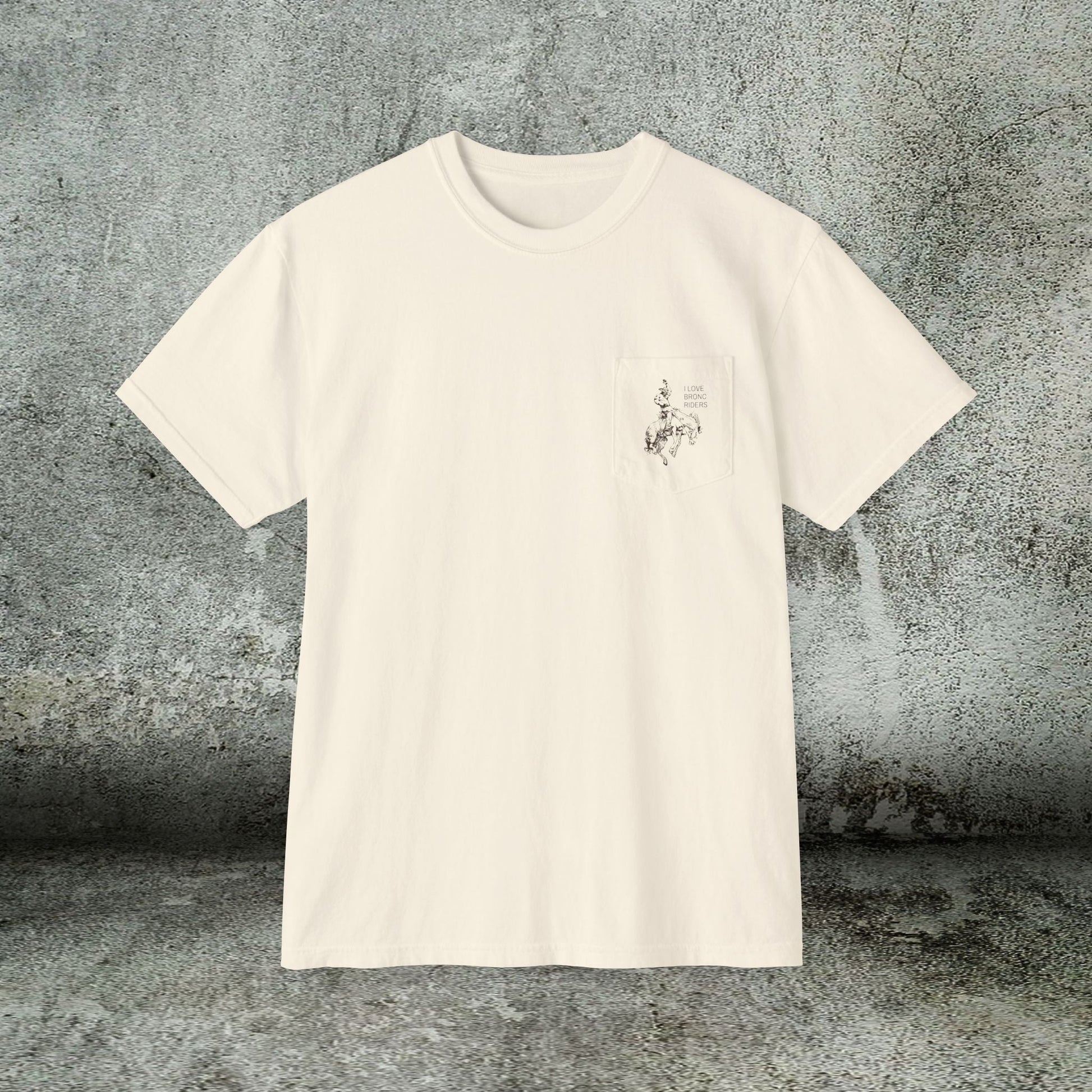 Rodeo Bronc Horse Pocket T-Shirt – Comfort Colors Minimal Line Art Bucking Horse Tee - FlooredByArt