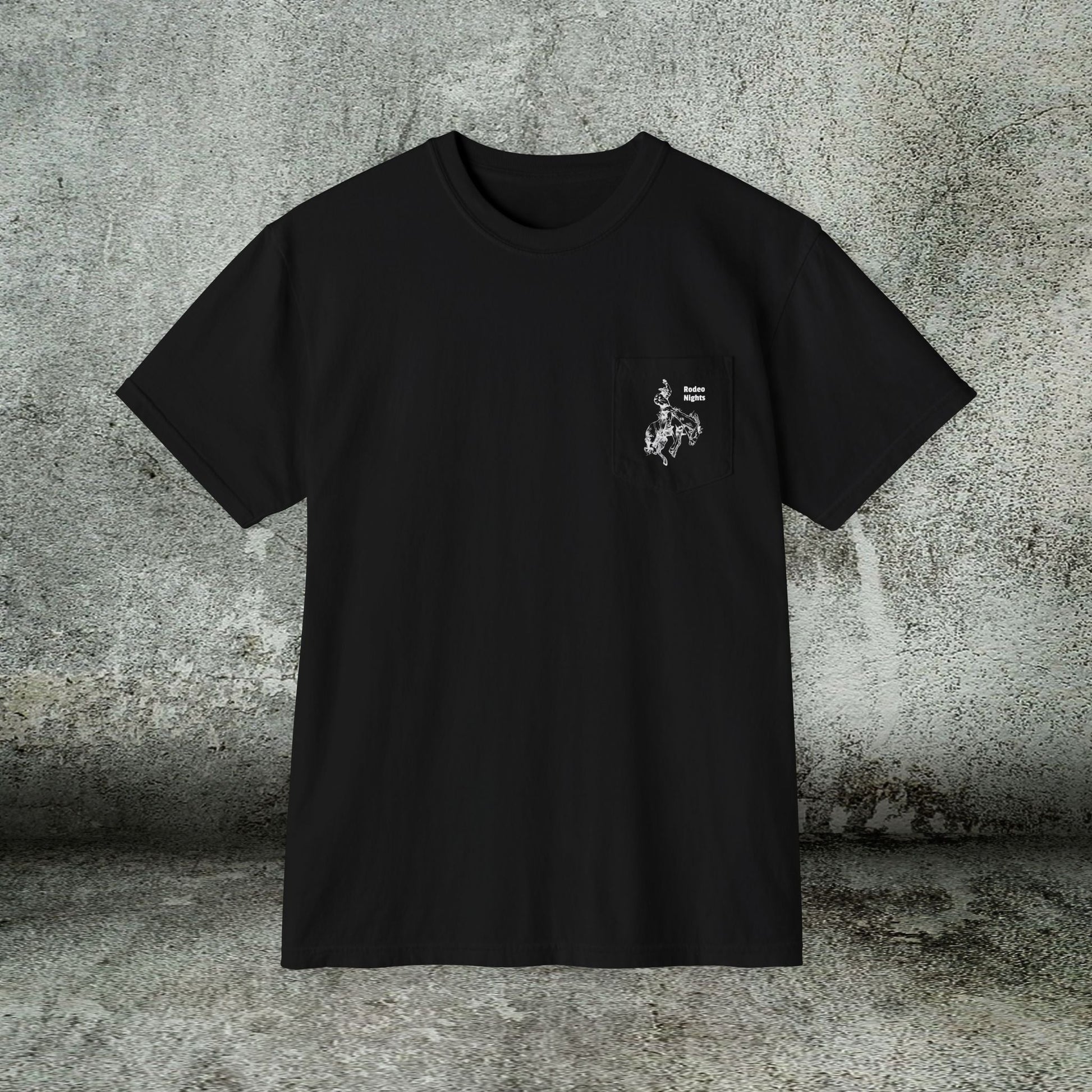 Rodeo Bronc Horse Pocket T-Shirt – Comfort Colors Minimal Line Art Bucking Horse Tee - FlooredByArt