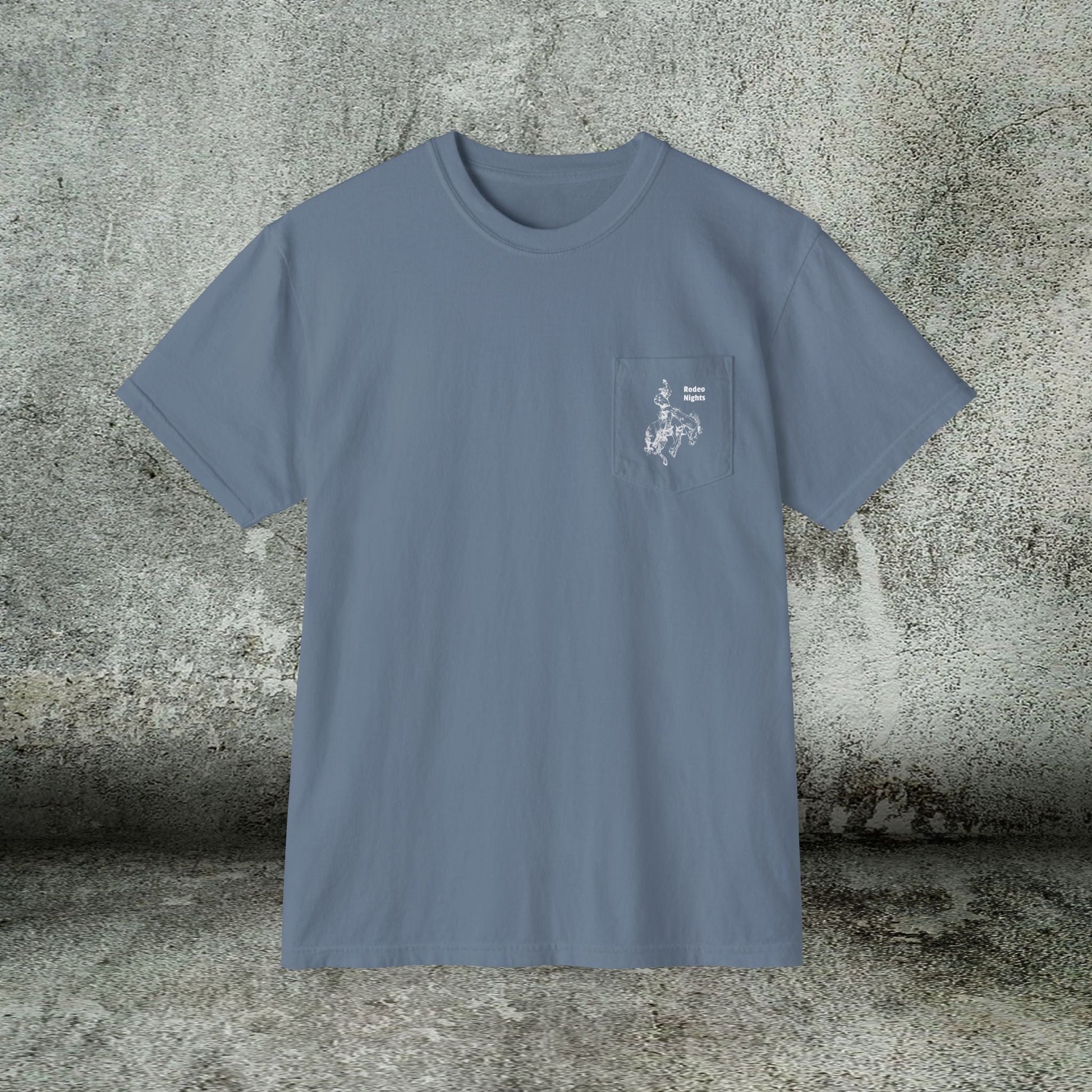 Rodeo Bronc Horse Pocket T-Shirt – Comfort Colors Minimal Line Art Bucking Horse Tee - FlooredByArt