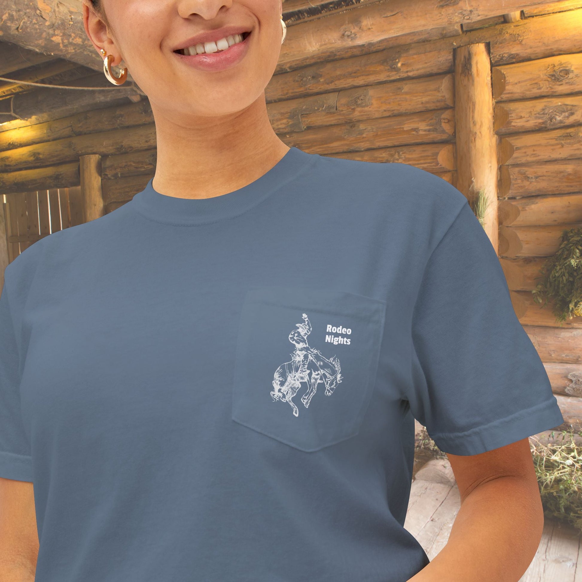 Rodeo Bronc Horse Pocket T-Shirt – Comfort Colors Minimal Line Art Bucking Horse Tee - FlooredByArt