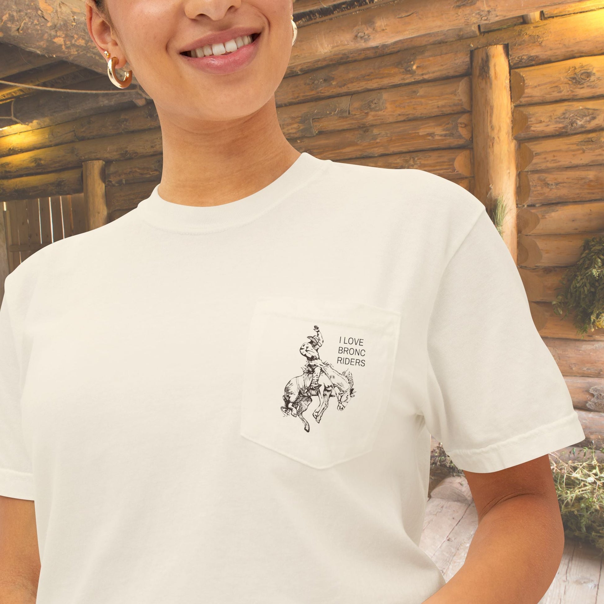 Rodeo Bronc Horse Pocket T-Shirt – Comfort Colors Minimal Line Art Bucking Horse Tee - FlooredByArt