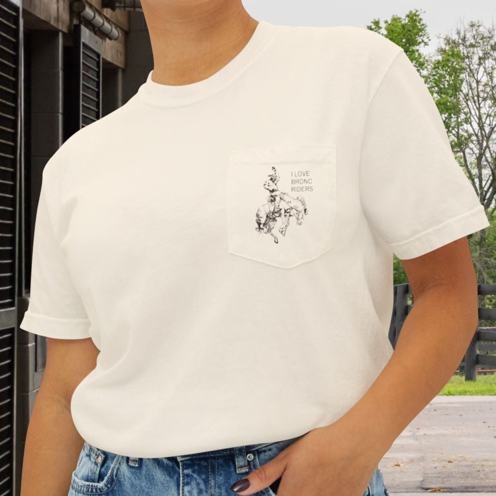 Rodeo Bronc Horse Pocket T-Shirt – Comfort Colors Minimal Line Art Bucking Horse Tee - FlooredByArt