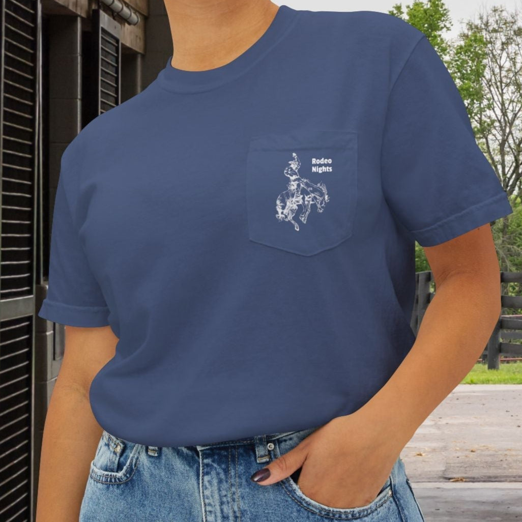 Rodeo Bronc Horse Pocket T-Shirt – Comfort Colors Minimal Line Art Bucking Horse Tee - FlooredByArt