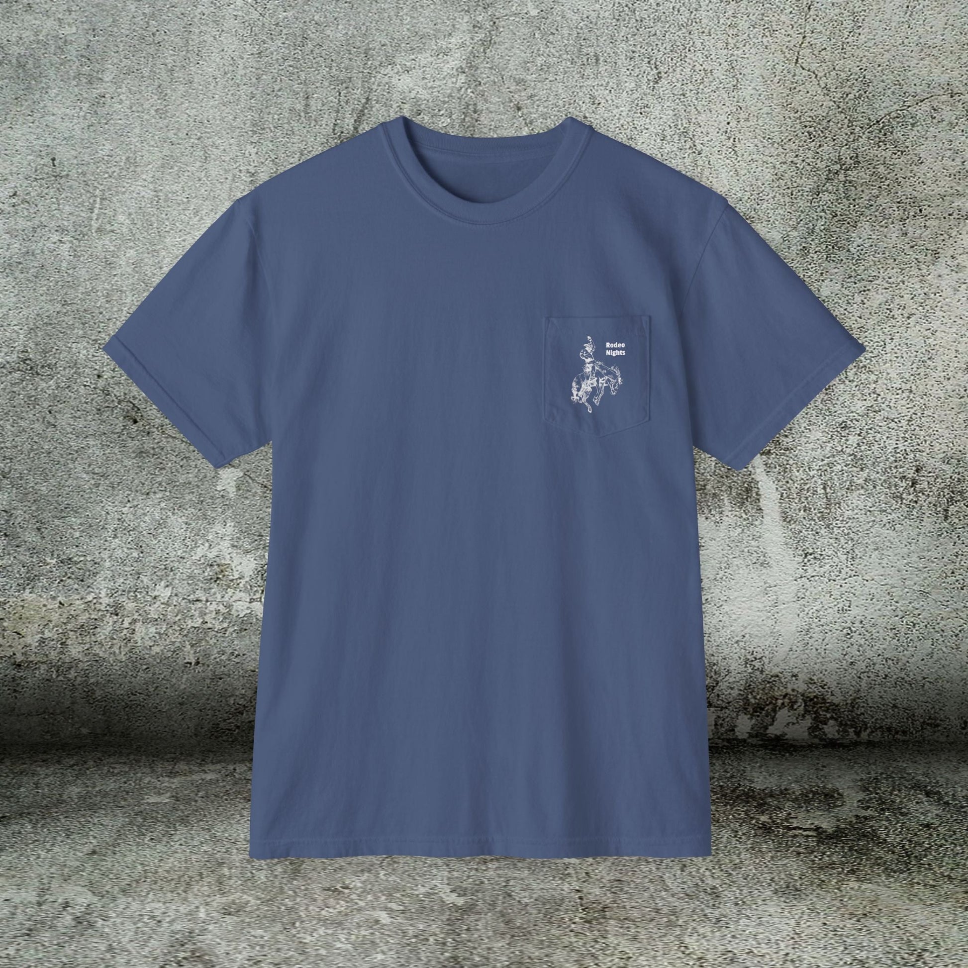 Rodeo Bronc Horse Pocket T-Shirt – Comfort Colors Minimal Line Art Bucking Horse Tee - FlooredByArt