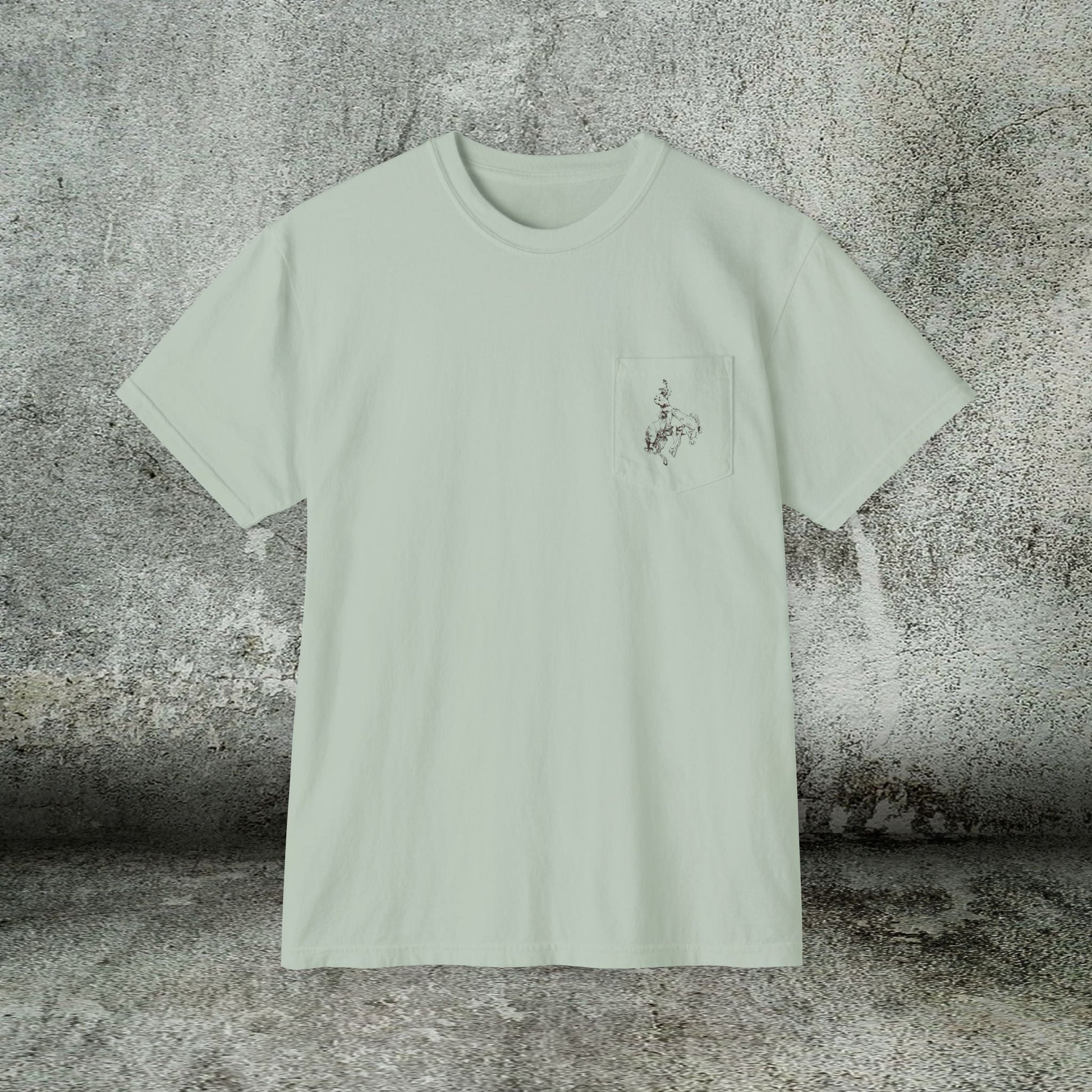 Rodeo Bronc Horse Pocket T-Shirt – Comfort Colors Minimal Line Art Bucking Horse Tee - FlooredByArt