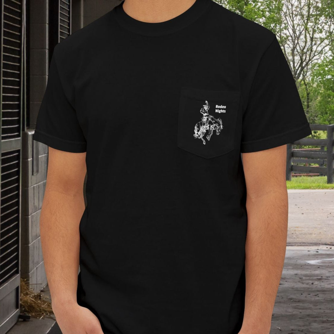 Rodeo Bronc Horse Pocket T-Shirt – Comfort Colors Minimal Line Art Bucking Horse Tee - FlooredByArt