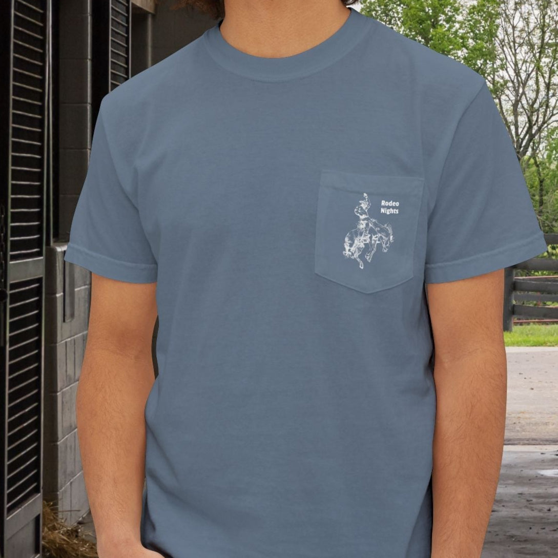 Rodeo Bronc Horse Pocket T-Shirt – Comfort Colors Minimal Line Art Bucking Horse Tee - FlooredByArt