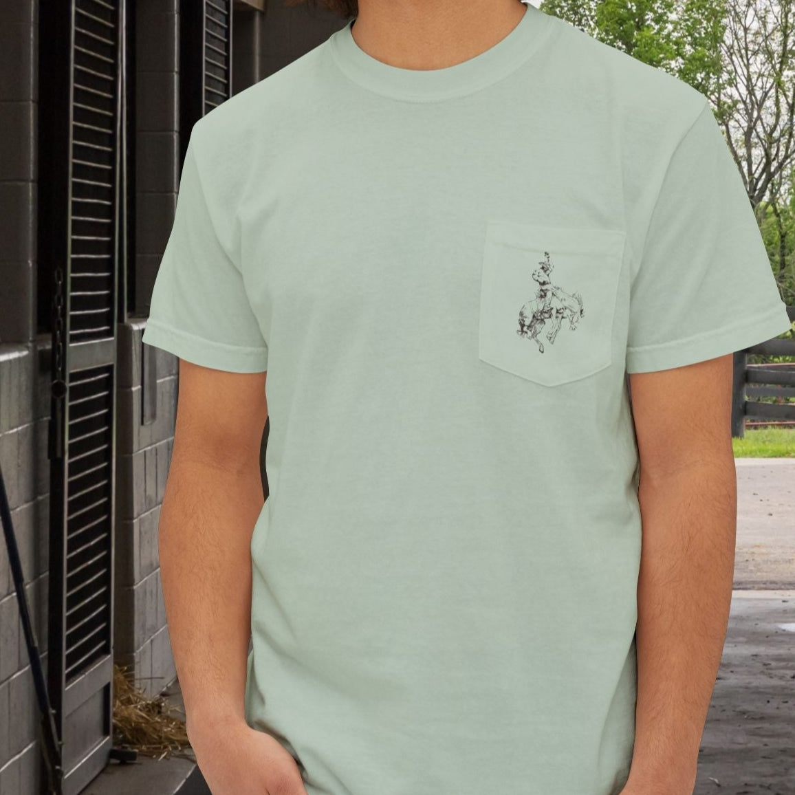 Rodeo Bronc Horse Pocket T-Shirt – Comfort Colors Minimal Line Art Bucking Horse Tee - FlooredByArt