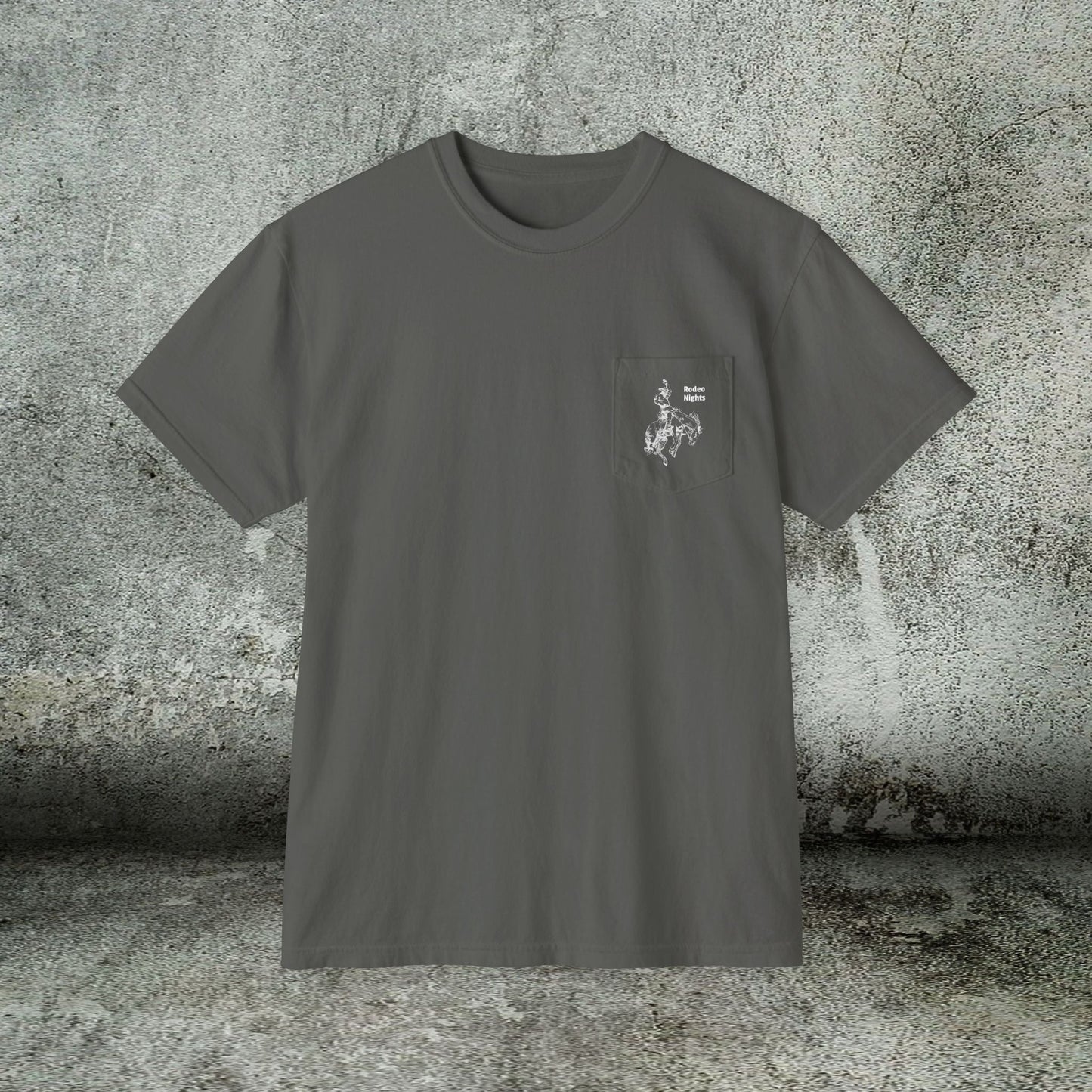 Rodeo Bronc Horse Pocket T-Shirt – Comfort Colors Minimal Line Art Bucking Horse Tee - FlooredByArt