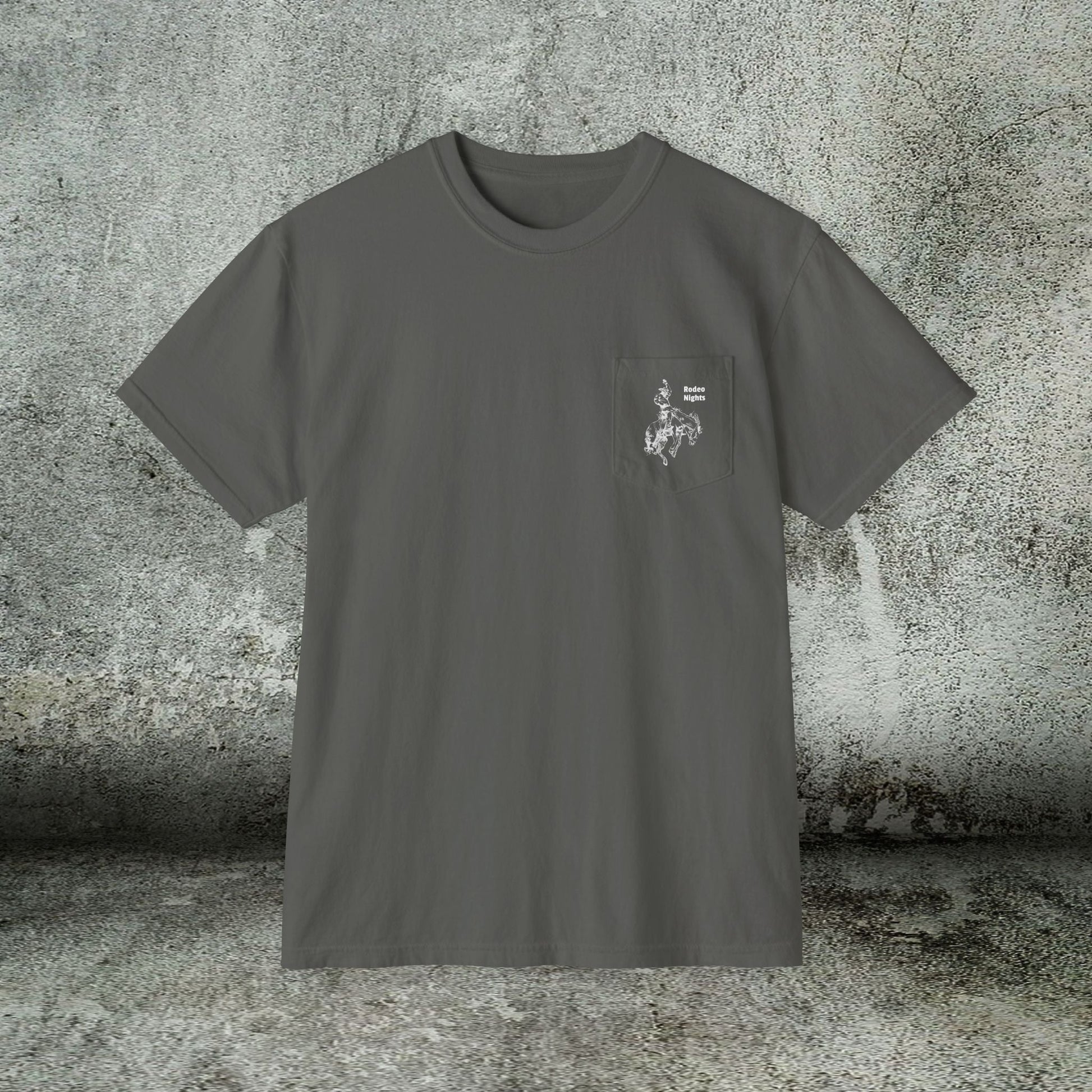 Rodeo Bronc Horse Pocket T-Shirt – Comfort Colors Minimal Line Art Bucking Horse Tee - FlooredByArt