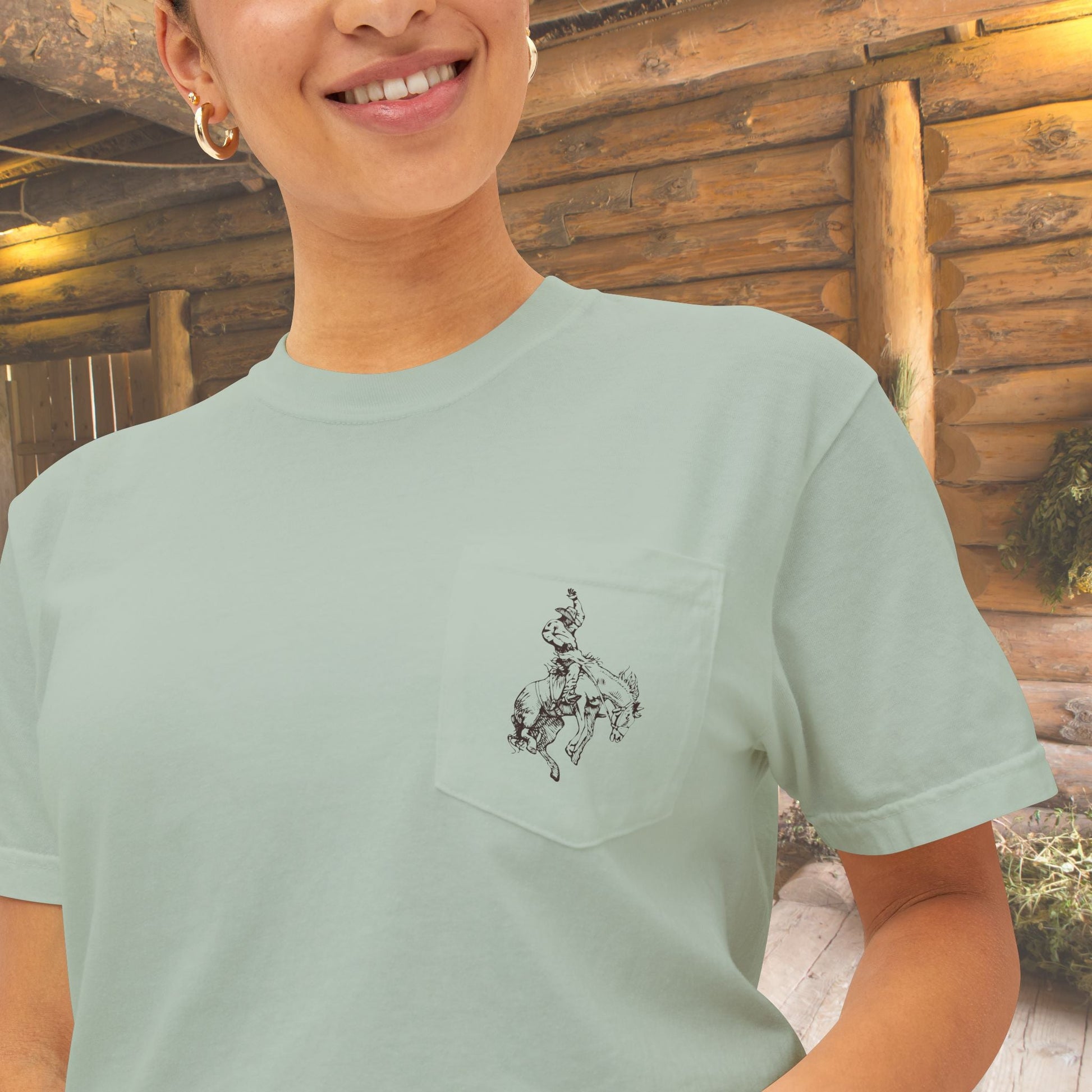 Rodeo Bronc Horse Pocket T-Shirt – Comfort Colors Minimal Line Art Bucking Horse Tee - FlooredByArt
