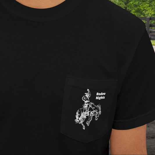 Rodeo Bronc Horse Pocket T-Shirt – Comfort Colors Minimal Line Art Bucking Horse Tee - FlooredByArt
