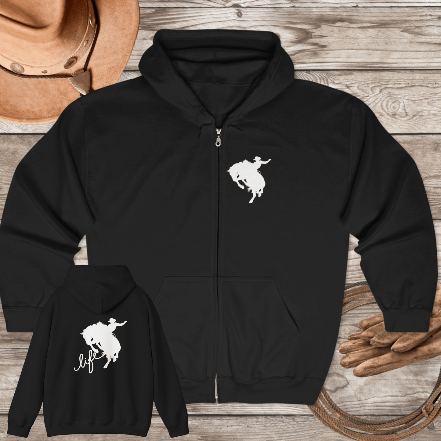 Rodeo Bronc Rider Full - Zip Hoodie – Cowboy Life Sweatshirt, Rough Stock Horse Trainer Jacket, Western Gift for Rodeo Lovers - FlooredByArt