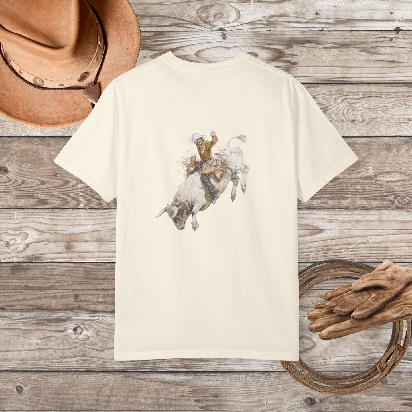 Rodeo Bull Rider T-Shirt – Western Cowboy Subtle Art Shirt in Ivory, Country Style - FlooredByArt