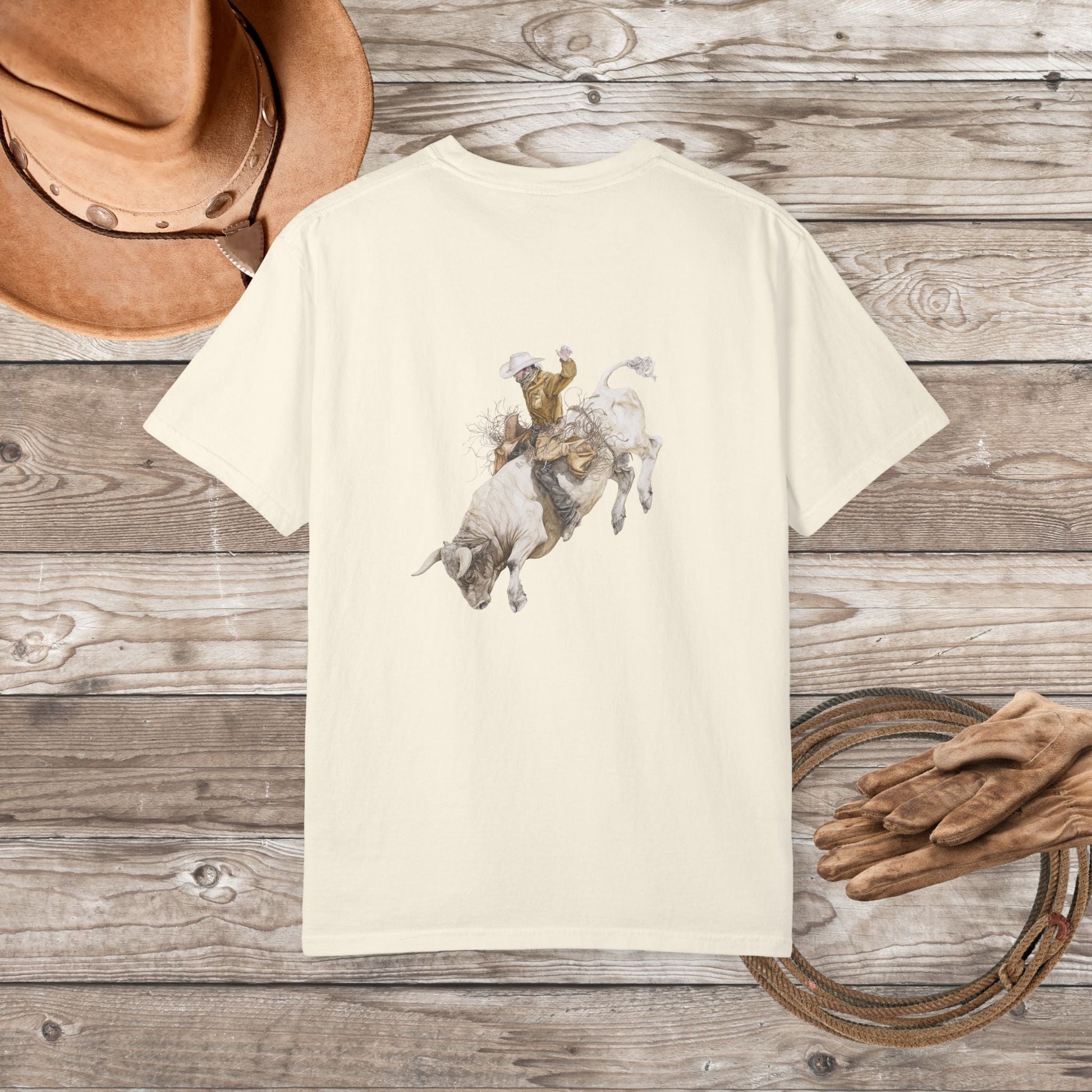 Rodeo Bull Rider T-Shirt – Western Cowboy Subtle Art Shirt in Ivory, Country Style - FlooredByArt