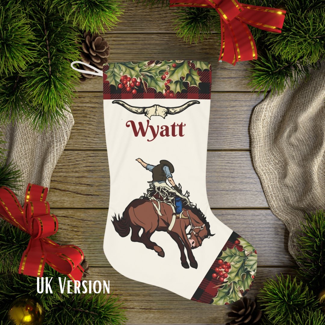 Rodeo Christmas Stocking, Large Cowboy Horse Holiday Stocking - FlooredByArt