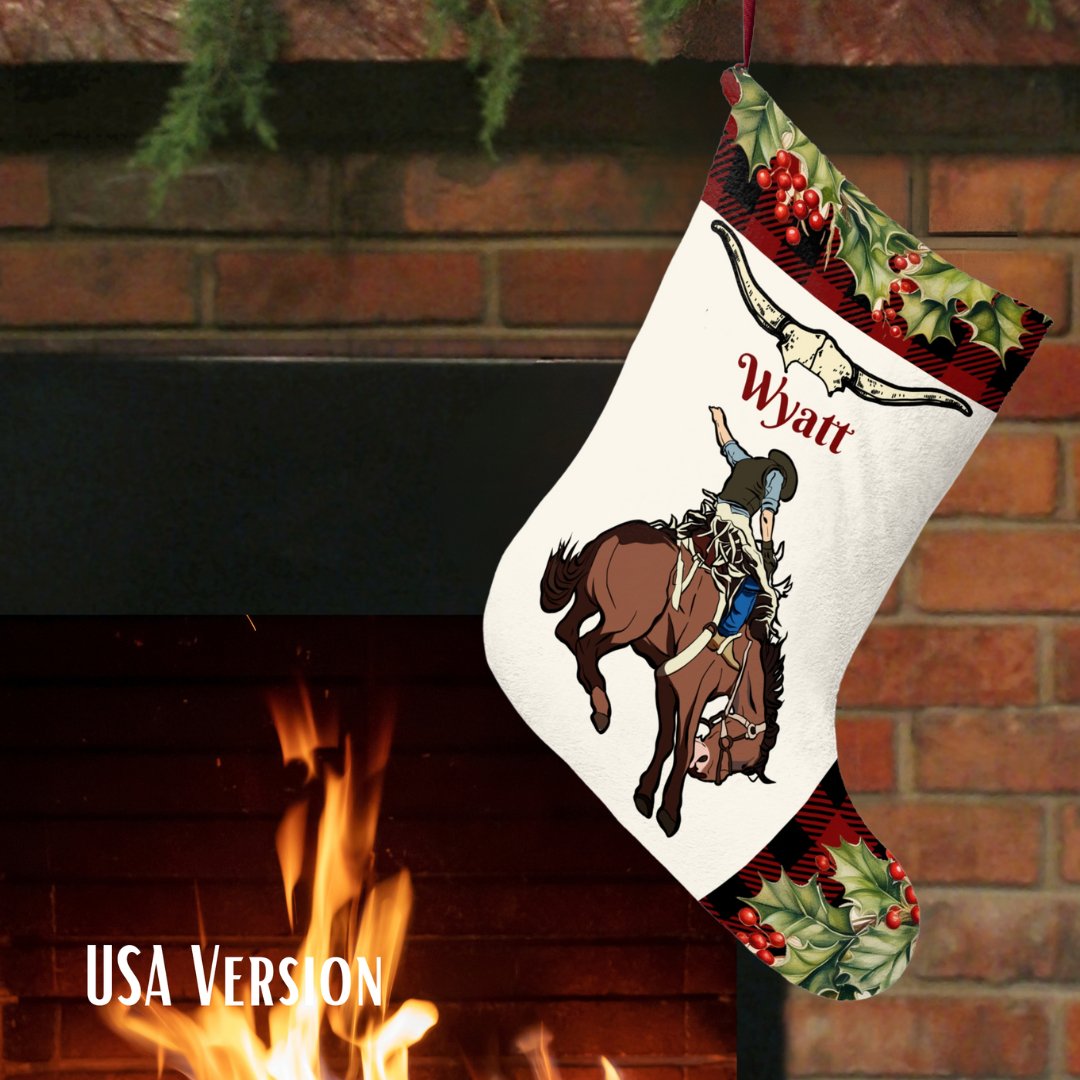 Rodeo Christmas Stocking, Large Cowboy Horse Holiday Stocking - FlooredByArt