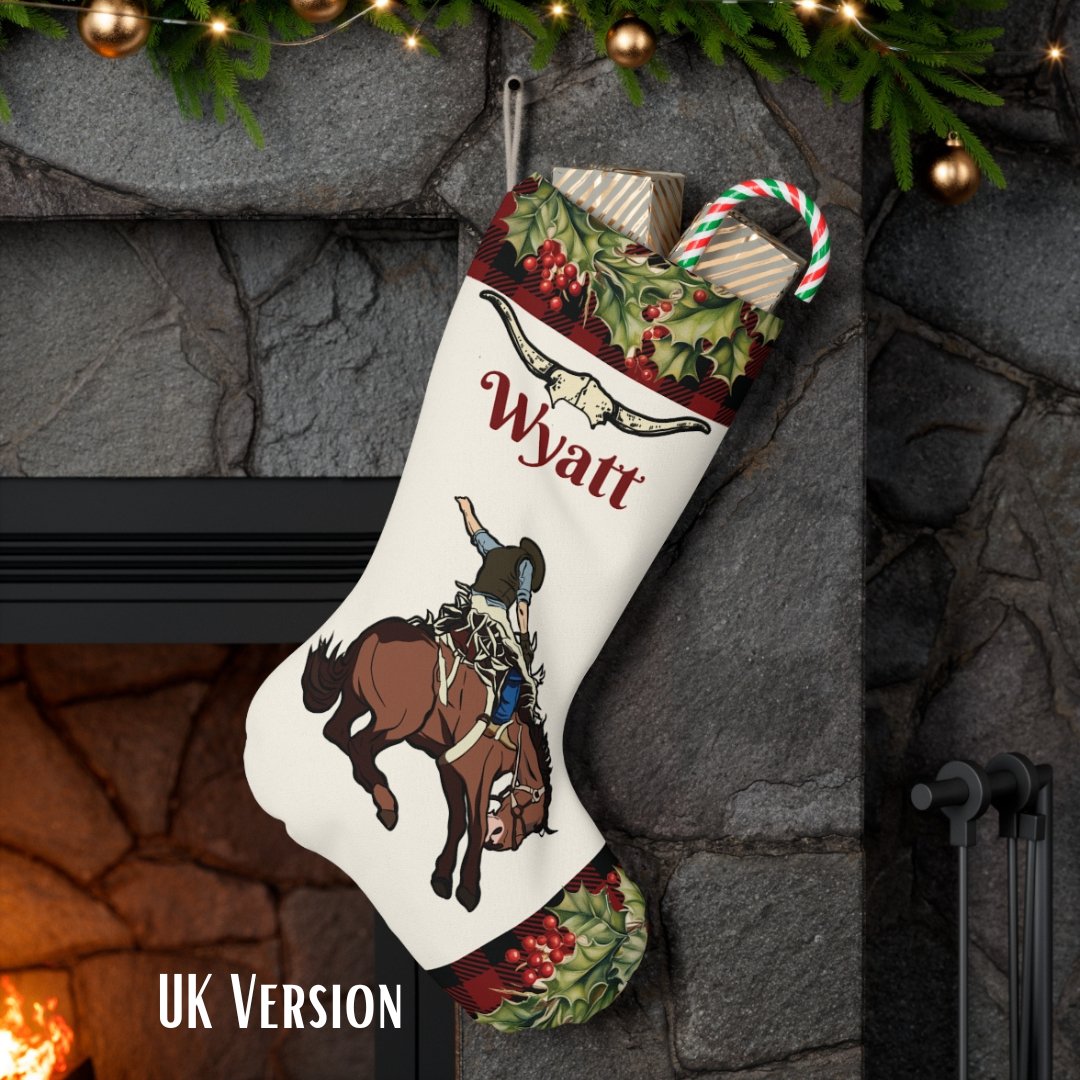 Rodeo Christmas Stocking, Large Cowboy Horse Holiday Stocking - FlooredByArt