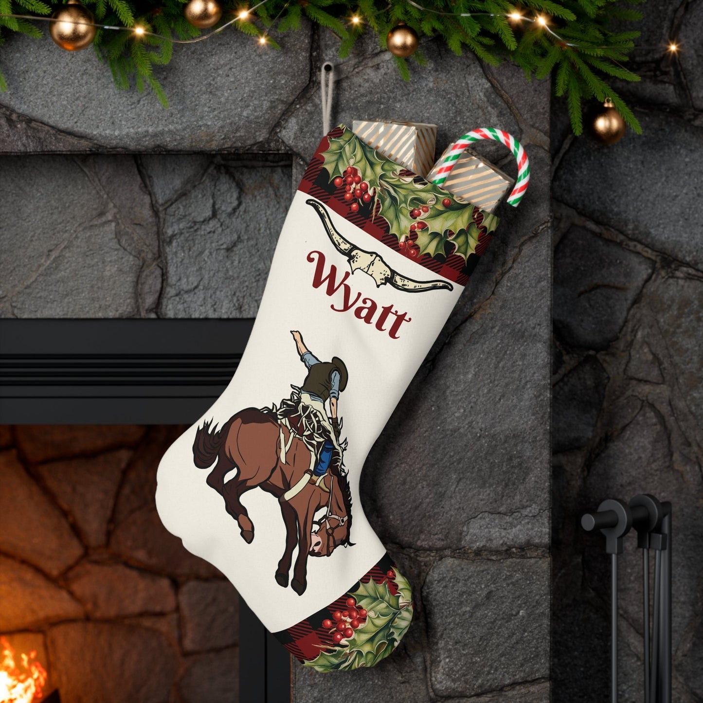 Rodeo Christmas Stocking, Large Cowboy Horse Holiday Stocking - FlooredByArt