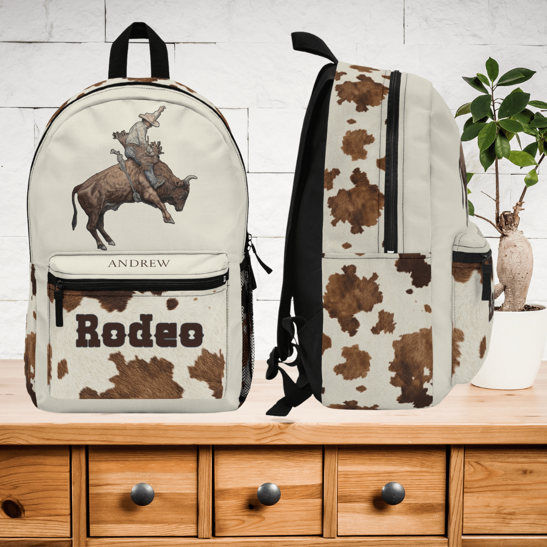 Rodeo Cowboy Backpack | Personalized School Bag, Western Rodeo Lovers, Cowhide - FlooredByArt