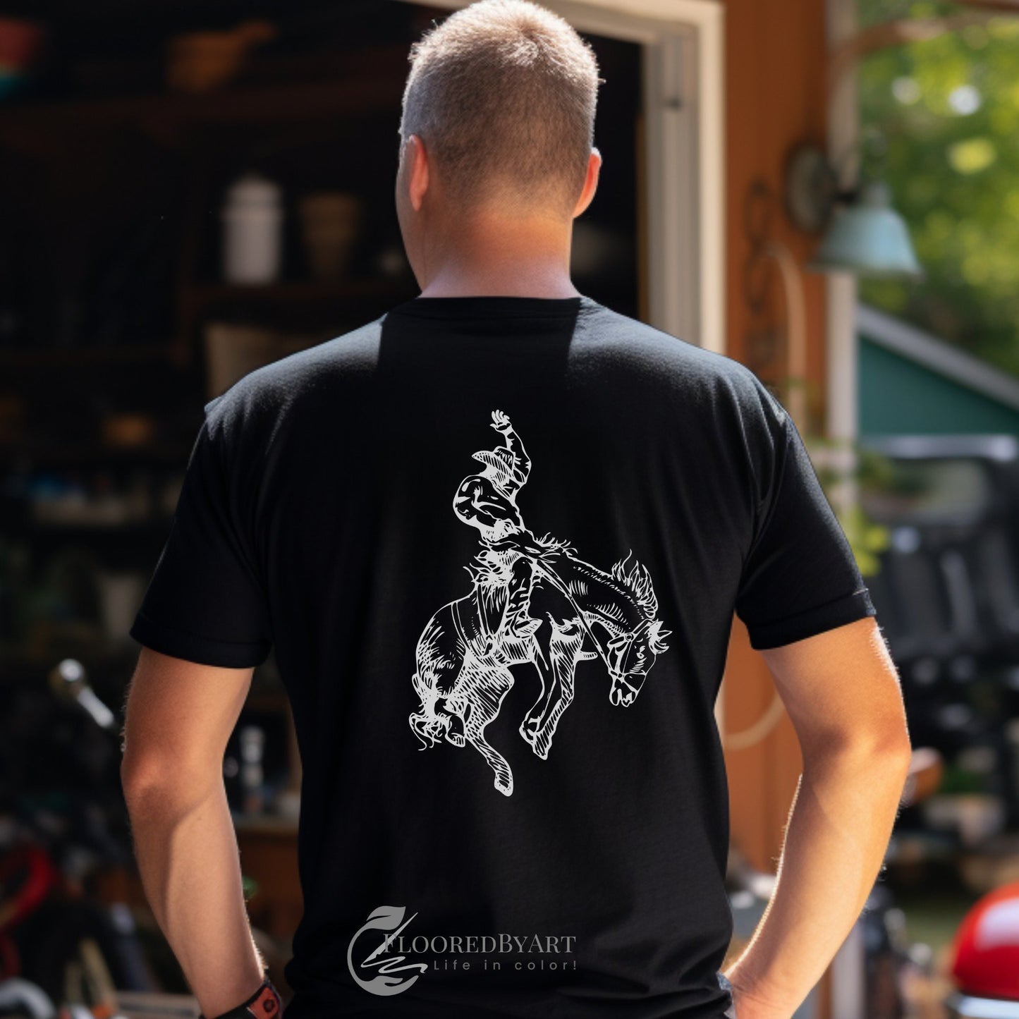 Rodeo Cowboy T-shirt Rodeo Bucking Bronc Horse Riders - FlooredByArt