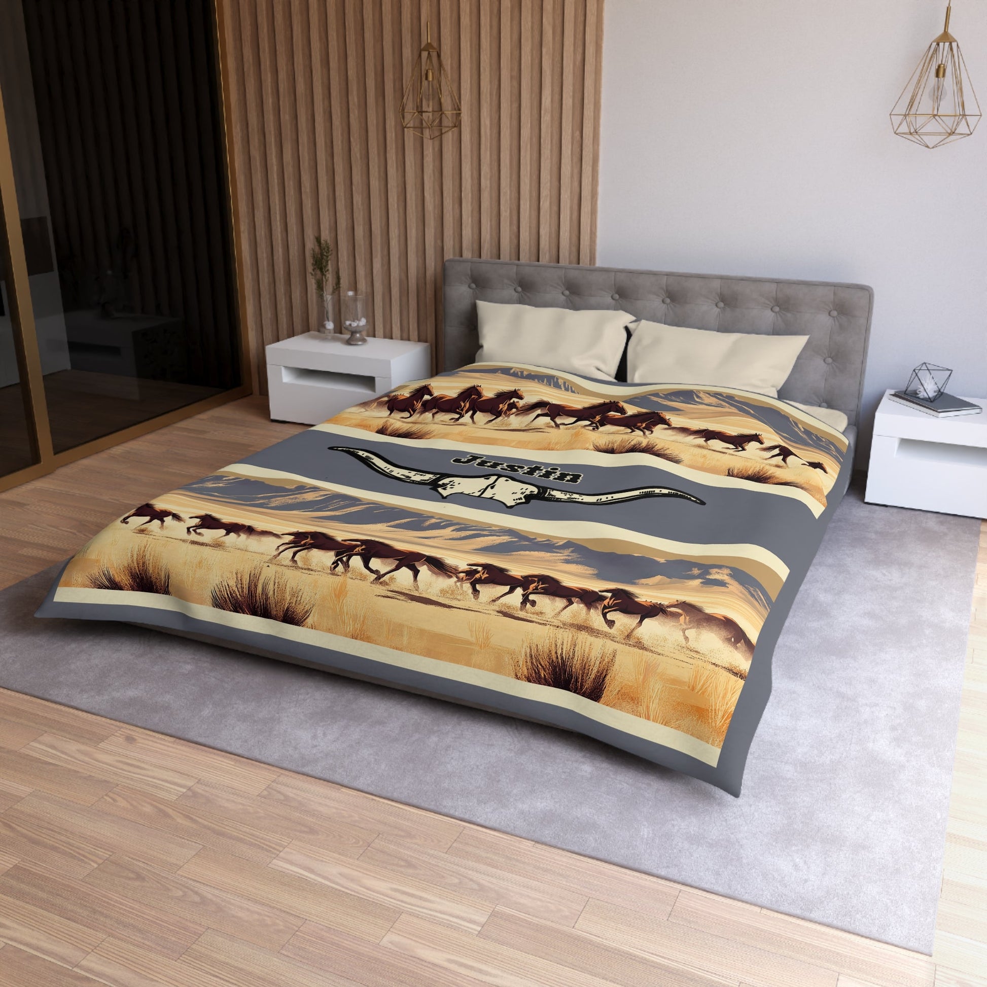 Running Mustangs Duvet Cover – Personalized Western Horse Bedding with Longhorn Accent - FlooredByArt