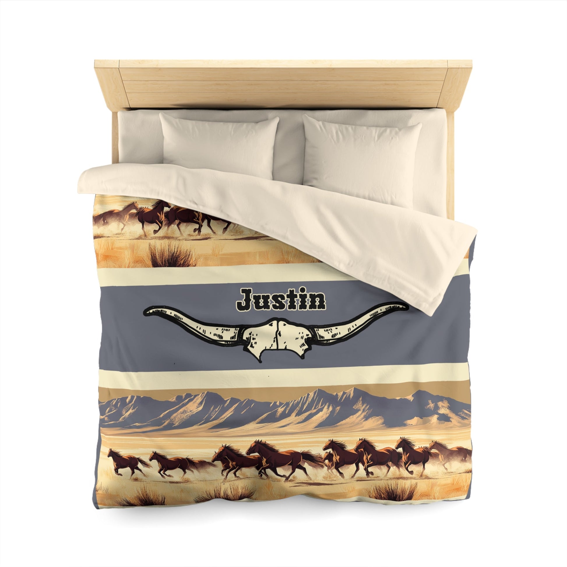Running Mustangs Duvet Cover – Personalized Western Horse Bedding with Longhorn Accent - FlooredByArt