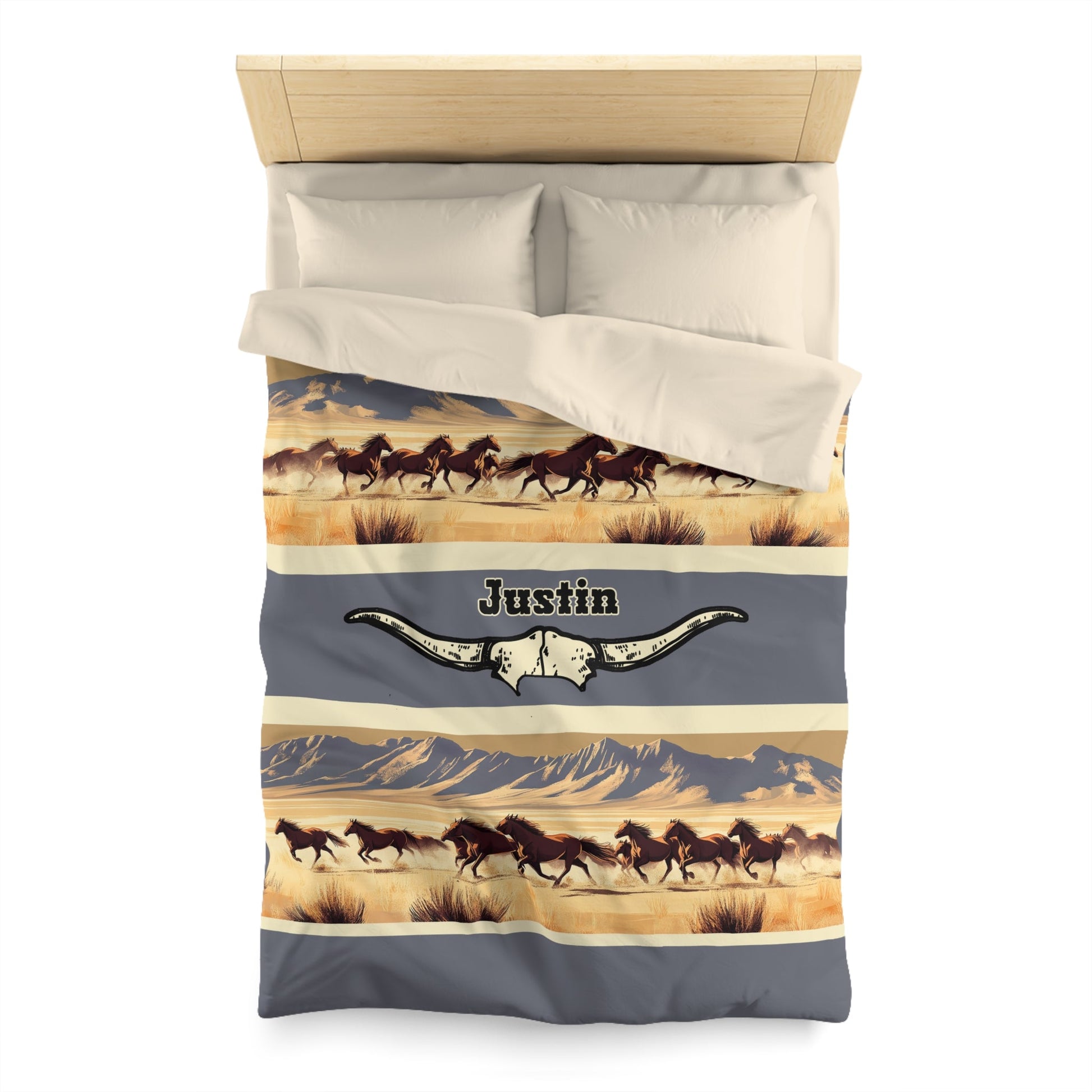 Running Mustangs Duvet Cover – Personalized Western Horse Bedding with Longhorn Accent - FlooredByArt
