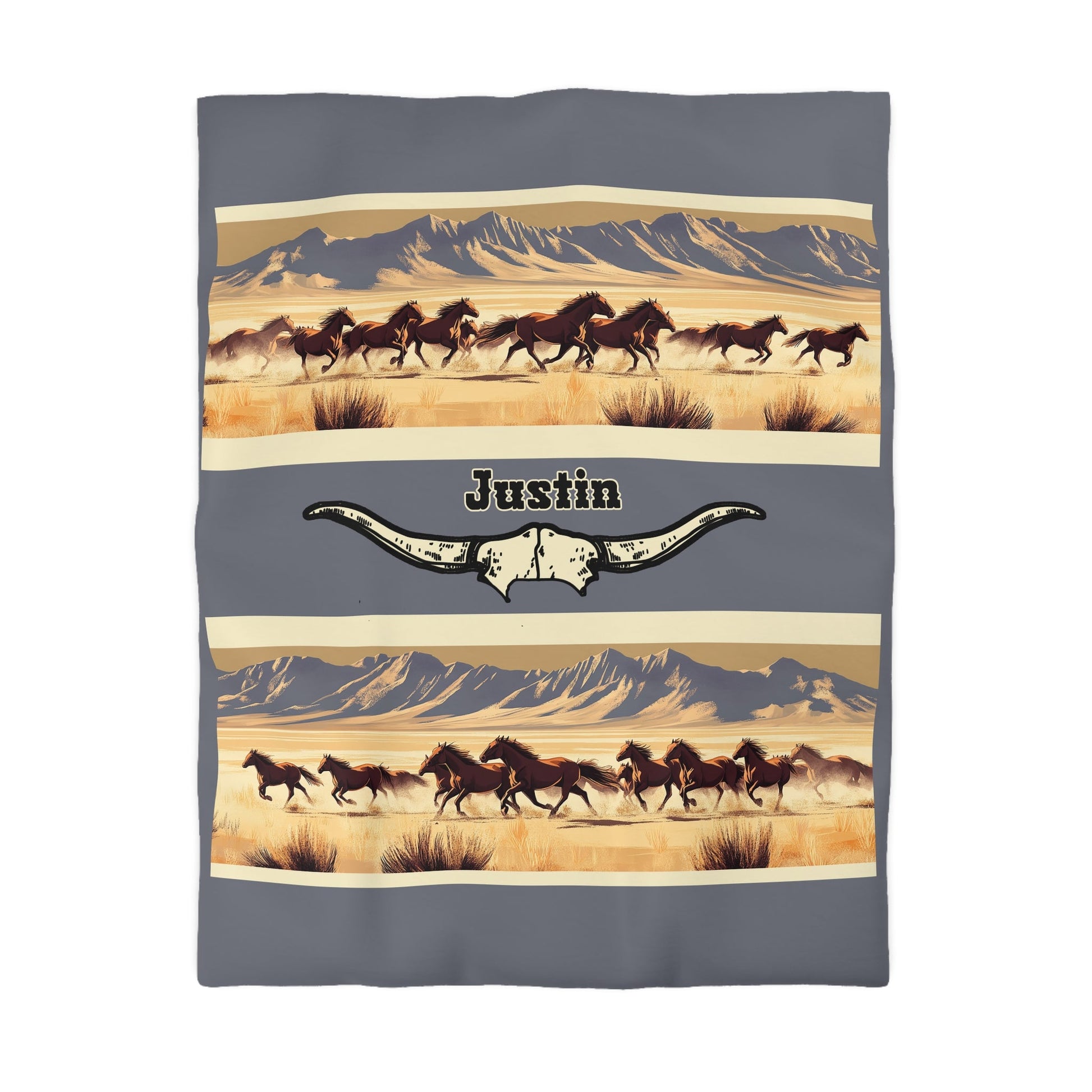 Running Mustangs Duvet Cover – Personalized Western Horse Bedding with Longhorn Accent - FlooredByArt