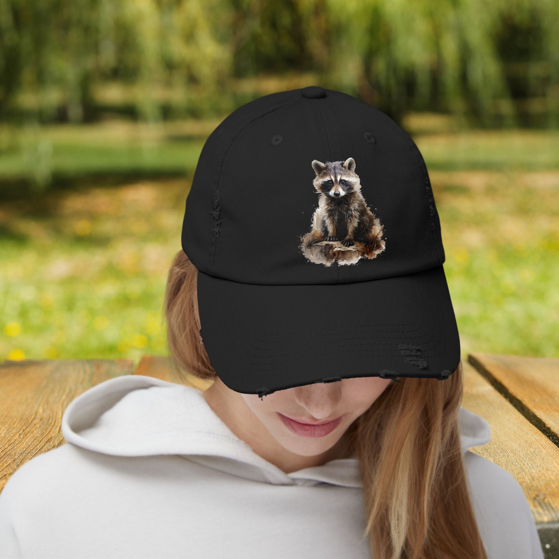 Rustic Raccoon Distressed Cap - Unisex Adjustable Hiking Hat - FlooredByArt