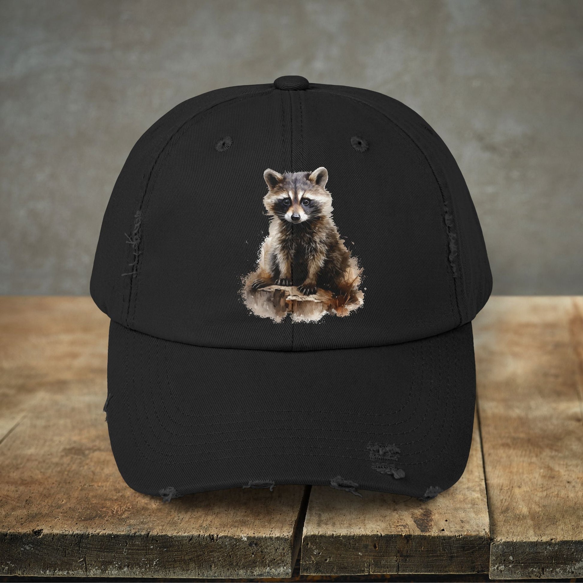 Rustic Raccoon Distressed Cap - Unisex Adjustable Hiking Hat - FlooredByArt