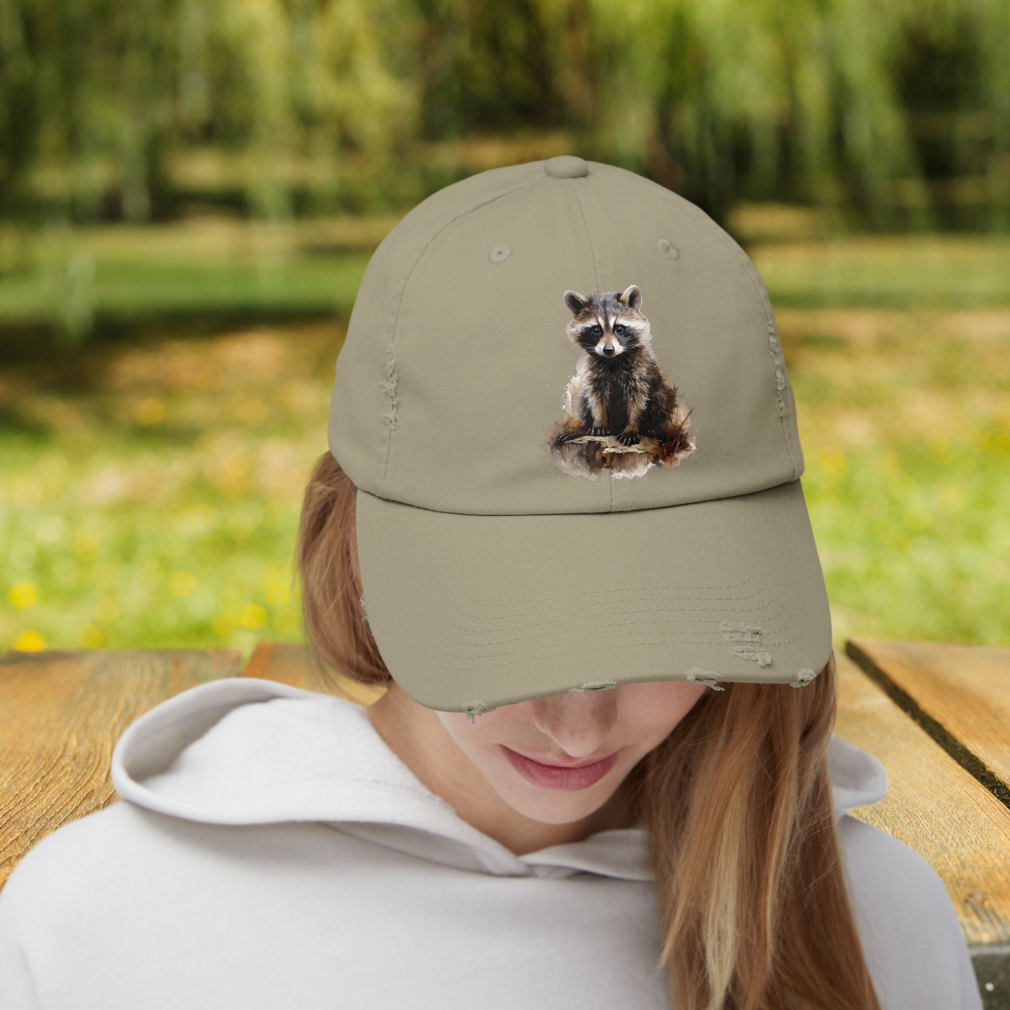 Rustic Raccoon Distressed Cap - Unisex Adjustable Hiking Hat - FlooredByArt