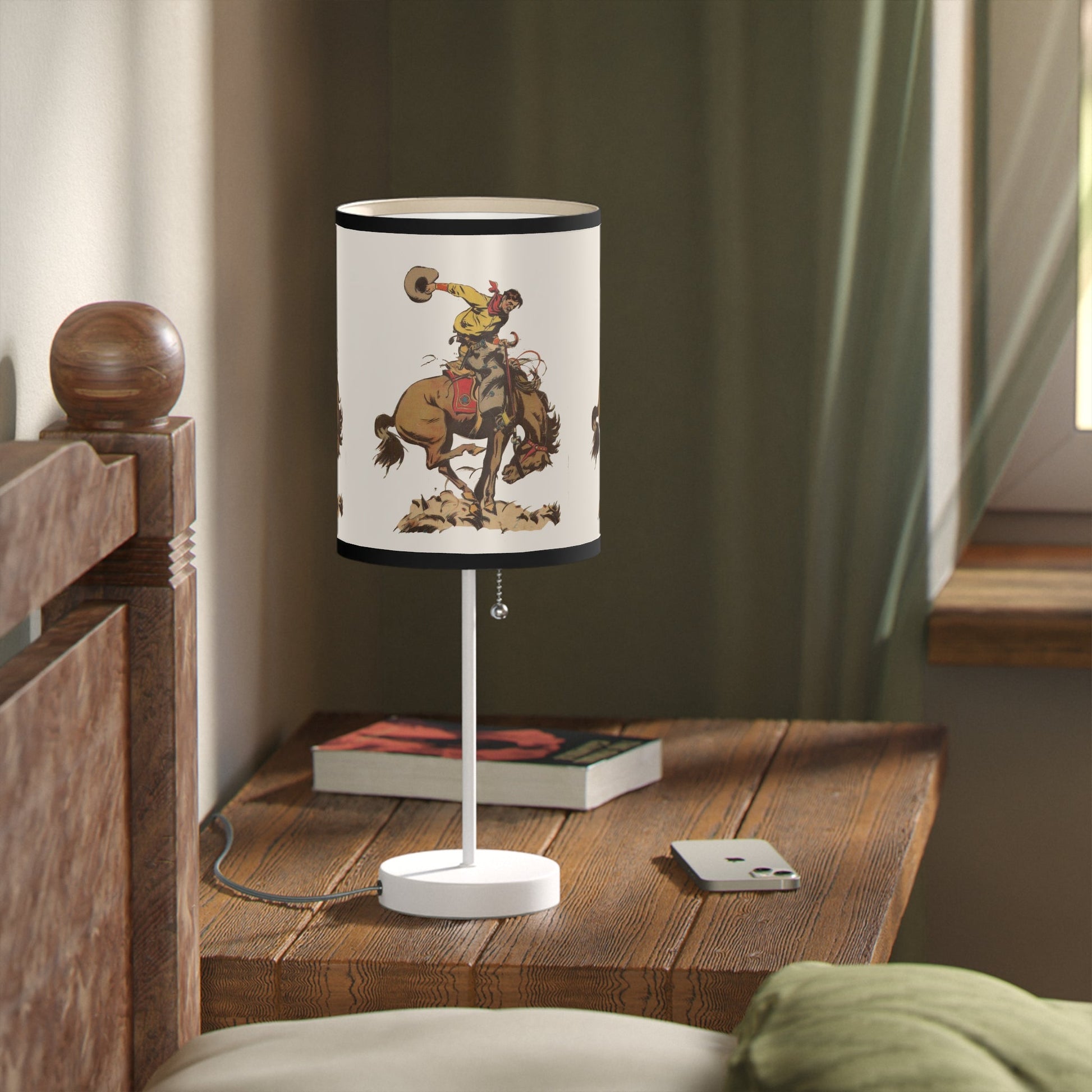 Saddle Bronc Rodeo Cowboy Art Lamp, 1800's Vintage Cowboy Poster Printed on Accent Lamp - FlooredByArt