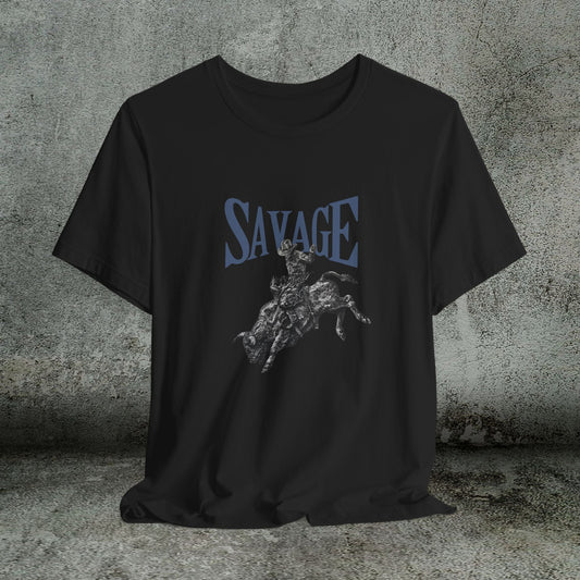 SAVAGE Bull Rider T-Shirt – Bella + Canvas Cowboy Rodeo Tee, Western Country Shirt for Men - FlooredByArt