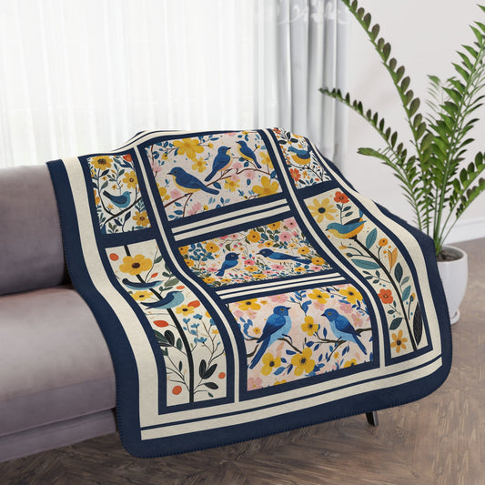 Scandi Bluebird Floral Blanket – Lightweight Sherpa Throw for Nature Lovers - FlooredByArt