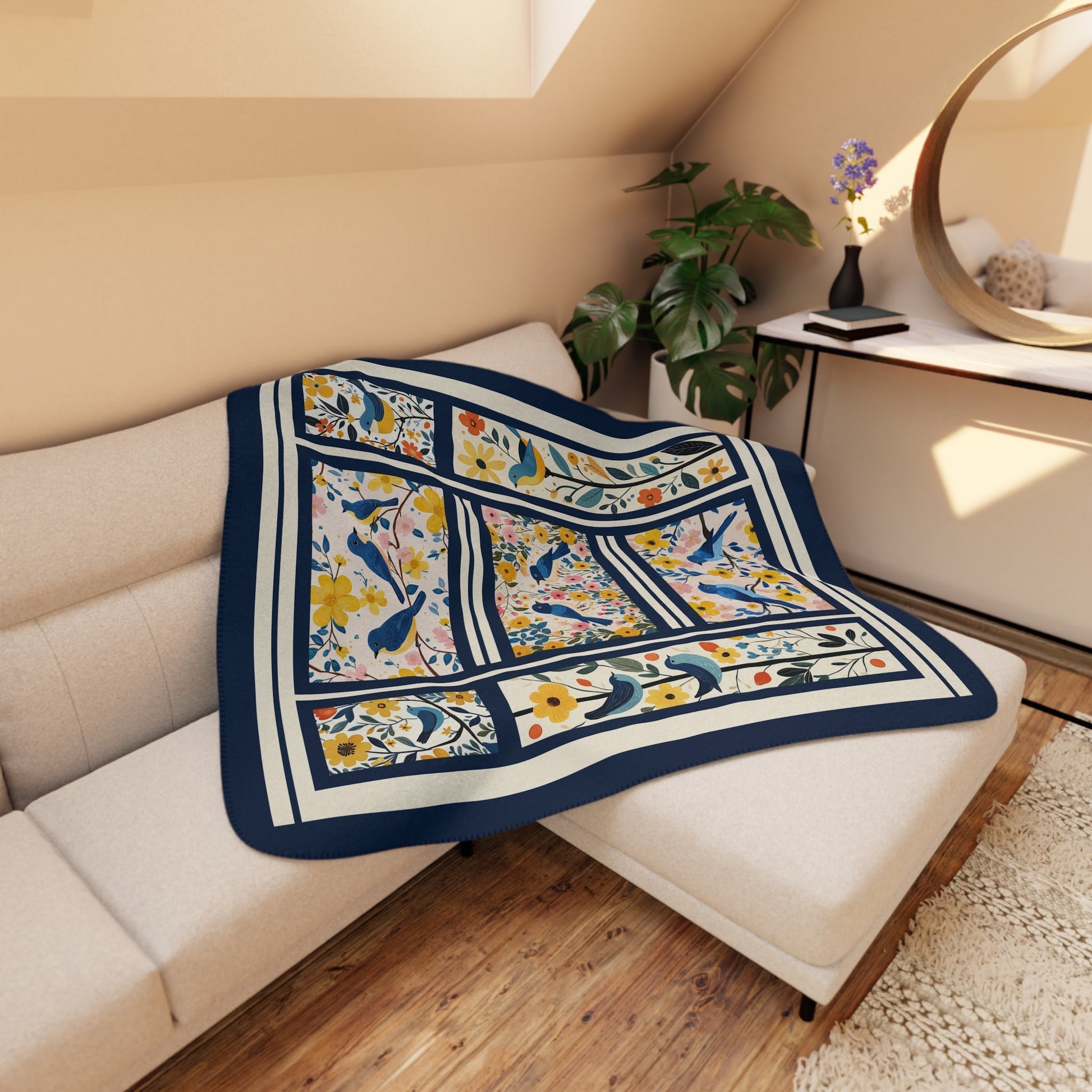 Scandi Bluebird Floral Blanket – Lightweight Sherpa Throw for Nature Lovers - FlooredByArt