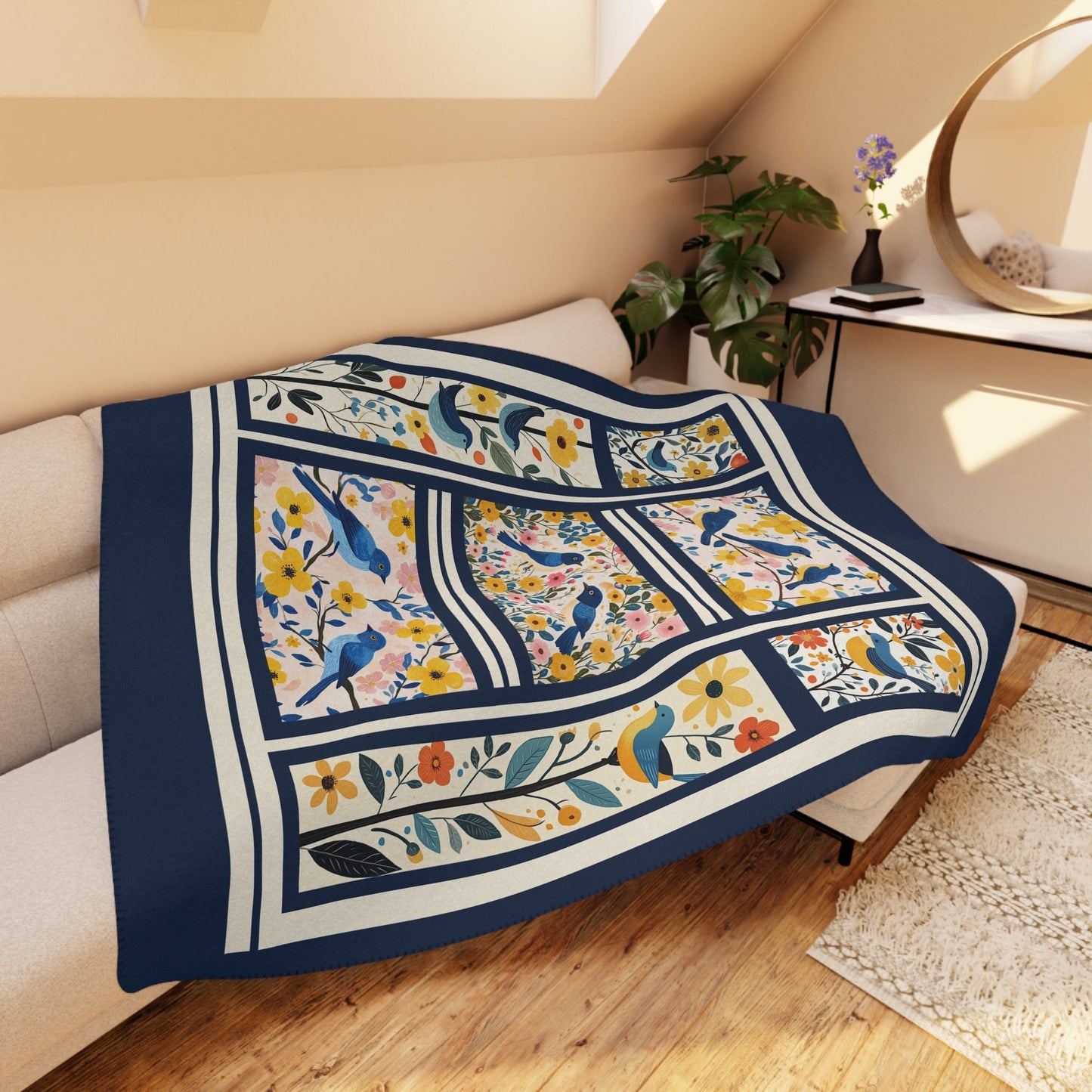 Scandi Bluebird Floral Blanket – Lightweight Sherpa Throw for Nature Lovers - FlooredByArt