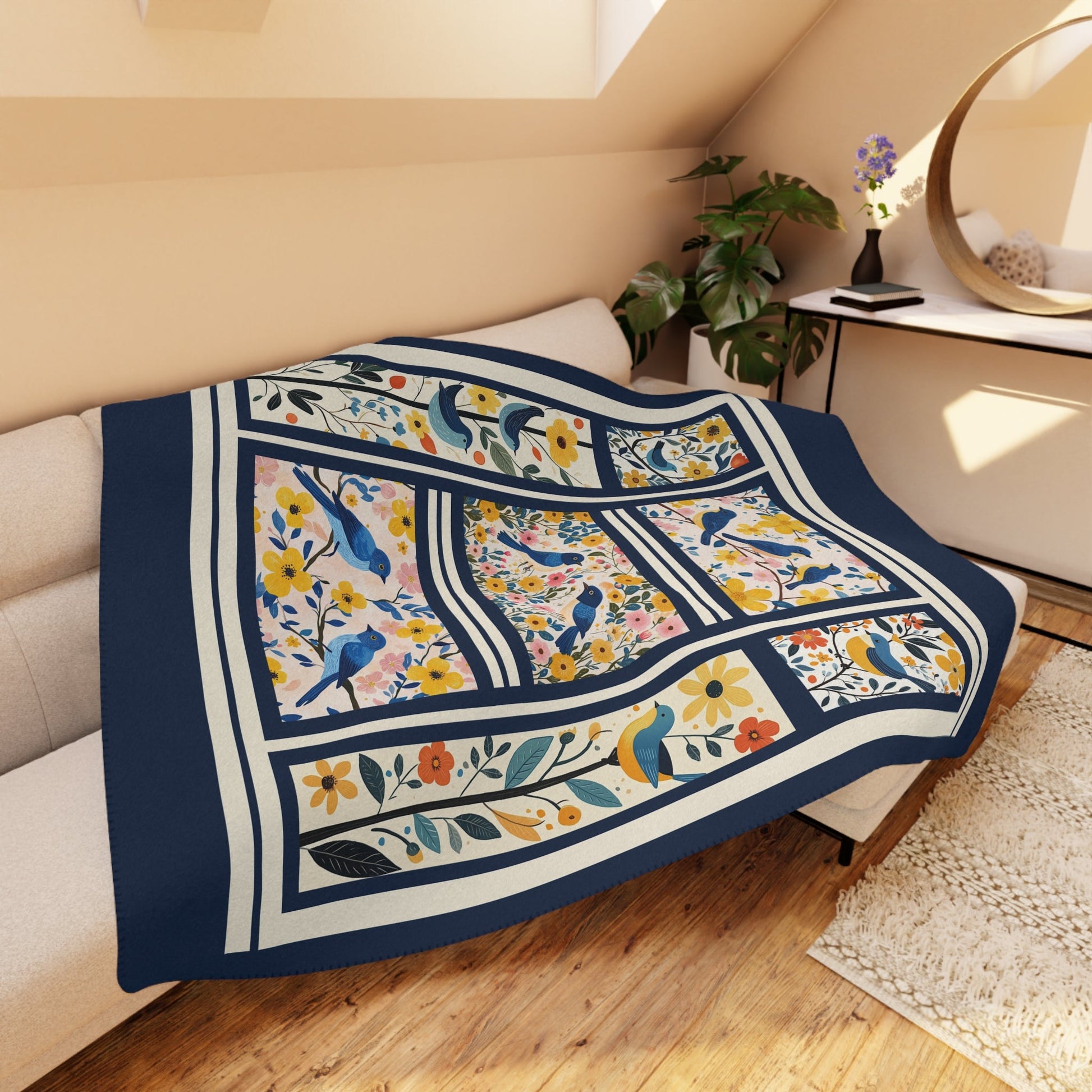 Scandi Bluebird Floral Blanket – Lightweight Sherpa Throw for Nature Lovers - FlooredByArt