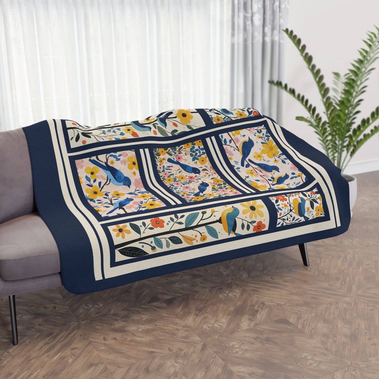 Scandi Bluebird Floral Blanket – Lightweight Sherpa Throw for Nature Lovers - FlooredByArt