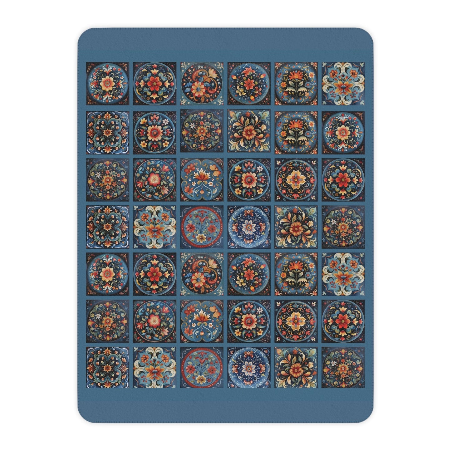 Scandi Deep Blue Folk Art Throw Blanket, Scandinavian Rosemaling Style - FlooredByArt