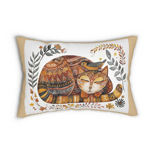 Scandi Folk Art Cat & Bird Accent Throw Pillow for Home Decor, Garden Cat - FlooredByArt